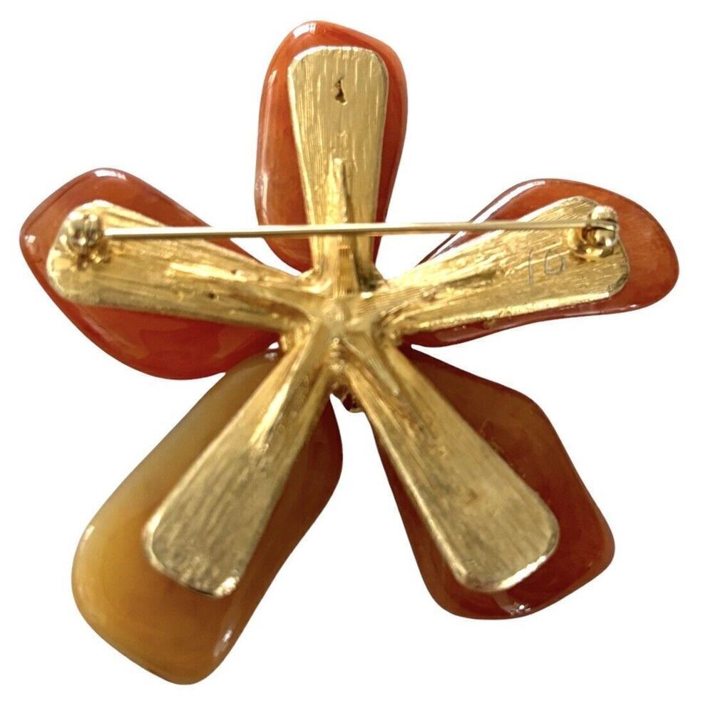 Orange Carnelian Flower Brooch Pin Faux Pearl Center Vintage Jewelry 3” MCM - Picture 8 of 8